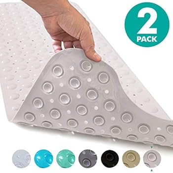 Sierra Concepts 2-Pack Bath, Shower, Tub Mat White (39x16) Non Slip, Mildew Resistant, Machine Washable, Antibacterial, BPA, Phthalate Free, Bathtub Mats - Drain Holes, Suction Cups, XL Rectangle Size