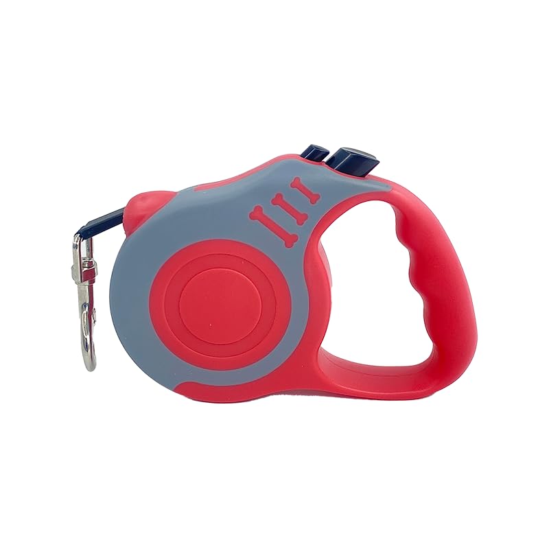 Retractable Dog Lead Extending Leash - Extension Lead with Anti-Slip Brake, Release Button, Anti-Twist Lobster Clip, Soft Grip Handle (3M, Red/Gray)