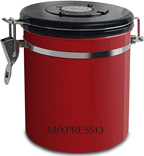 Mixpresso Stainless Steel Airtight Coffee Container with Date Tracking I For All Types Of Coffee | Vacuum Sealed Airtight Container stainless steel coffee jar | Capacity-16 Ounces I Coffee Vault (RED)