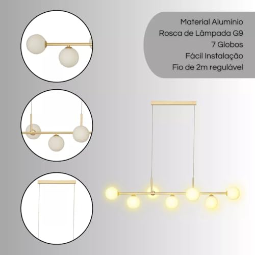 Lustre Pendente Linear 7 Globos de Vidro aluminio soquete para lampadas G9 Dourada Moderno