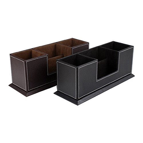 UnionBasic PU Leather 4 Compartment Desk Organizer Card/Pen/Pencil/Mobile Phone Office Supplies Holder Collection Desktop Organizer (Coffee)