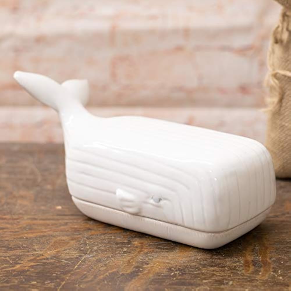 Nautical Whale Glossy White 9 X 4 Ceramic Butter Dish With Lid Dishes