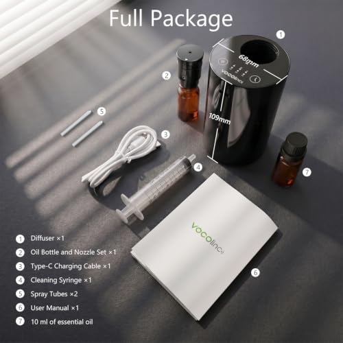 Water Free Essential Oil Diffuser, Mini Portable Aromatherapy Aroma Diffuser, Zerstäuber with 10ml Hotel Fragrance Oil, 1/2/4H/Timer, 3 Mist Levels for Home, Room, Car