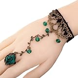 Yazilind Lolita Green Rose Branch Shape Crystal Metal Black Lace Slave Bracelets with Ring