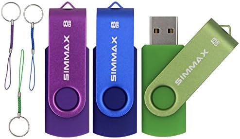 SIMMAX 3PCS 8GB USB 2.0 Flash Drive Swivel Design ( Three Mixed Colors: Purple Blue Green )