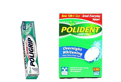 Polident Denture Cleaner Overnight Whitening with Triple-mint 120 Tablets and Poligrip Denture Adhesive Cream Zinc Free