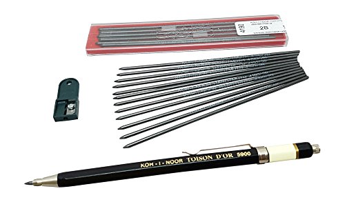 Koh-i-noor Toison D'or 5900CL ALL Metal Lead Holder 2mm with 12 pieces 2B lead refill & 1 lead Sharpener, technical drawing mechanical drafting pencil set