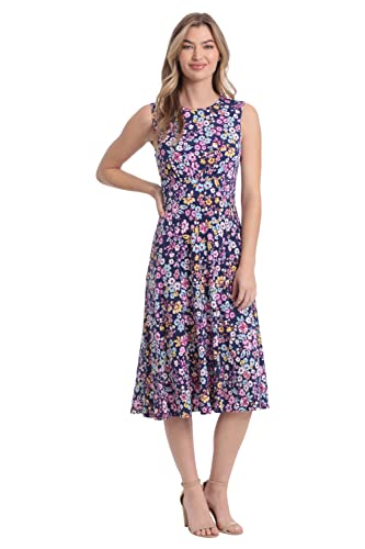 London Times Women's Dresses Work Office A-Line Inset Waist Matte Jersey Midi Navy/Pink at Amazon