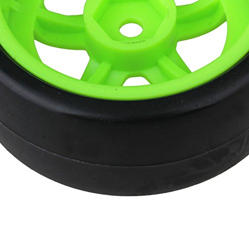 BQLZR 65 mm OD Black Plastic Smooth Tires with Green Wheel Rims for RC 1: 10 On Road Racing & Drift Car Pack of 4