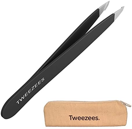 Tweezers for Eyebrows | Black | Precision Slant Tip Tweezer | For Eyebrow Shaping | Hair Removal and Ingrown Hair Treatment | Surgical Grade Stainless Steel | For Men and Women | By Tweezees