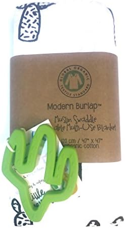 Organic Modern Burlap Baby Swaddle and Little Teether Gift Box (Lime Cactus)