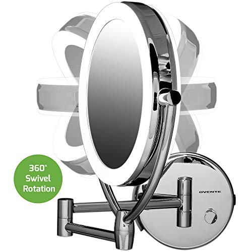 Ovente LED Lighted Wall Mount Makeup Mirror, 1x/10x Magnification, 7.5