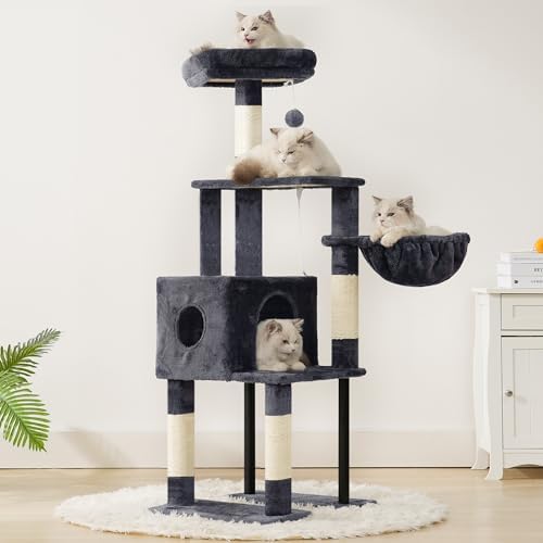 Kratzbaum, 125 cm Kleiner Katzenbaum, Geräumiges und Bequemes Kratzbaum mit Höhle, Oben Sitzstange, Sprungplattform, Kratzsäule, Korb, Stabile Metallrohre, Rauchgrau HCT200SG