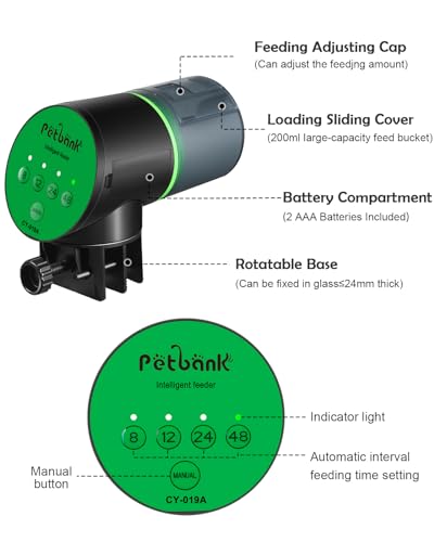 Petbank Automatic Fish Feeder for Aquarium - Auto Fish Food Dispenser Battery Operated Vacation Timer Fish Feeder Automatic Dispenser with 2 AAA Batteries Included