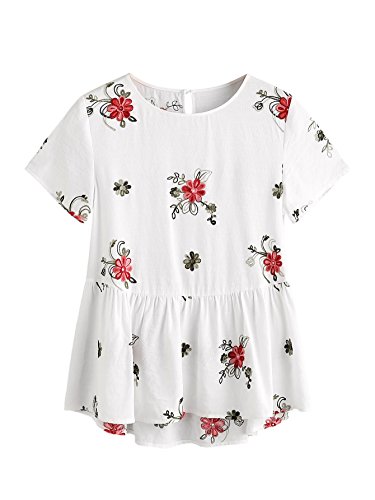 SheIn Women's Loose Flower Embroidered High Low Hem Keyhole Back Smock Top White Large