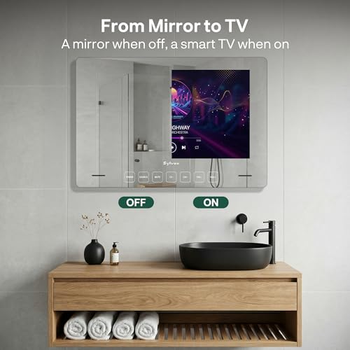 SYLVOX 32 Inch TV Mirror, Smart Google Television 1080P FHD Mirror Wall Mount Design Television IP66 Waterproof, DVB-C/T2/S2 | WiFi, Google Assistant, for Shower, Bathroom
