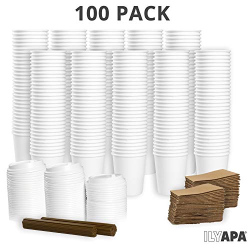 image for Ilyapa 100 Pack - 12 oz To Go Coffee Cups with Sleeves, Lids & Stirrer