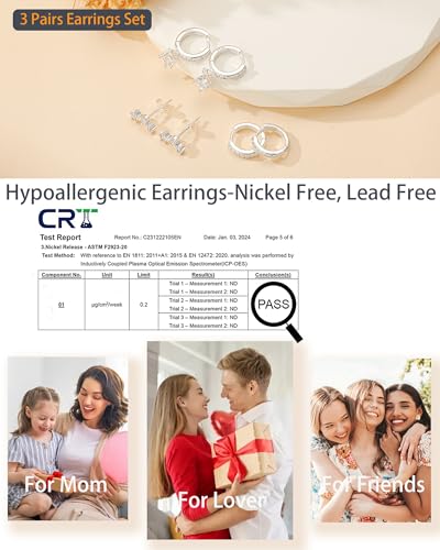 Halora 3 Pairs 925 Sterling Silver Studs Hoop Earrings Set for Women 14K Gold Earring Stacks Hypoallergenic Cartilage Earring Sets for Multiple Piercings Jewellery Valentines Gifts