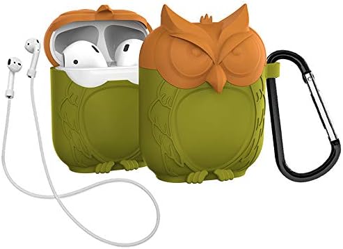 Lovekiss Cute Owl Pouch Compatible for Apple Airpods Case Air Pods Charging Box Cover Cartoon Protective Silicone Sleeve Shockproof Drop Proof with Keychain Dust Plug Anti-Lost Rope (Brown & Lime)