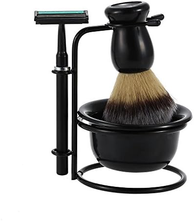 GoodPing 4 in 1 Shaving Beard Razor set Shaving Brush Metal Stand Acrylic Bowl Men's Manual Razor kit - Blak (Black)