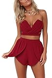 Simplee Apparel Women's Strapless V Neck Ruffle Padded Jumpsuit 2 Piece Outfits, Small, Lovely red
