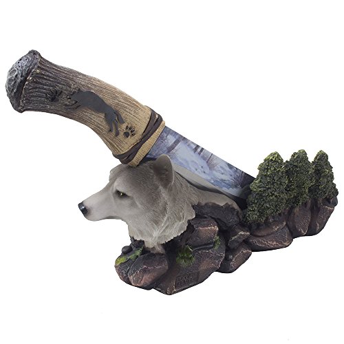 Decorative Gray Wolf Hunting Knife on Display Stand with Stainless Steel Blade for Rustic Cabin & Lodge Decor As Shelf, Mantel or Desk Decorations or Gifts for Hunters and Outdoorsmen