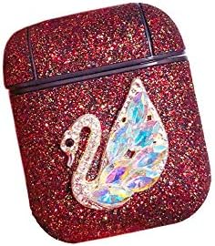 Airpods Case,MeiQing Shimmer Diamonds Swan Glitter AirPod Charging Protective Case Cover for Airpods Earphones Accessories Great Gift (Red)