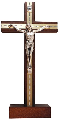 Biblegifts Standing Crucifix 9.5" 24cm Dark Wood Metal Inlay Corpus Christi Jesus Cross from Ideal for Nuns, Monks, Pastors, Vicars or Ministers. Boxed Gift
