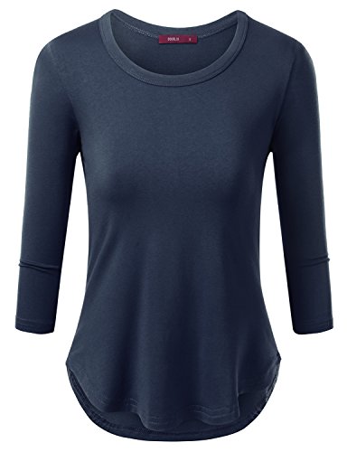 Doublju Round Neck Slim Fit Curved Hem T-Shirt For Women With Plus Size NAVY 3XL