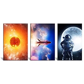 3 Panel Canvas Wall Art - Space Theme with The Burning Planet, Rockets and The Astronaut - Giclee Print Gallery Wrap Modern Home Art Ready to Hang - 16"x24" x 3 Panels