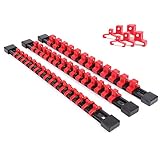 CASOMAN 3 PC Set Socket Organizer, SAE And Metric Socket Holder Rail, 1/4" Drive x 16 clips, 3/8" Drive x 15 clips, 1/2" Drive x 12 clips, Premium Quality Socket Holder (red)