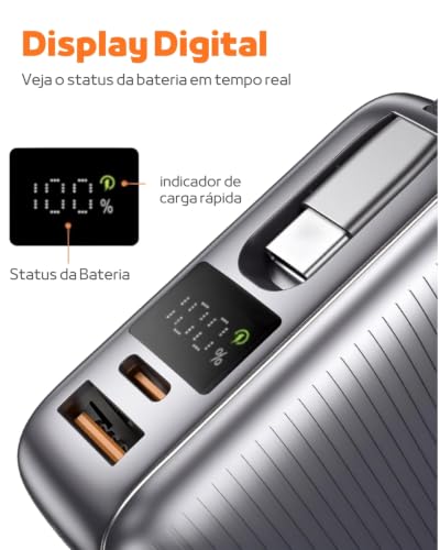 Power Bank 20000mAh PD 22.5W Carregador Portátil USB-C Display LED | Painel LED, Cabo Integrado, USB-C e Cabo Compatível com Iphone, Alça para Transporte, Carregamento Rápido,