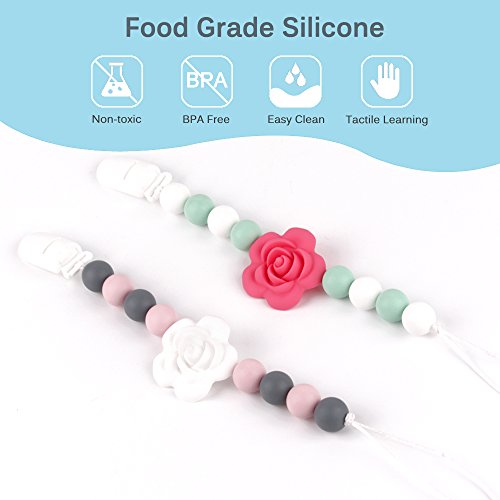 TYRY.HU Pacifier Clips Silicone Teething Beads BPA Free Binky Holder for Girls, Boys, Baby Shower Gift, Teether Toys, Soothie, Mam, Drool Bibs, Set of 2 ( Pink, White Roses )