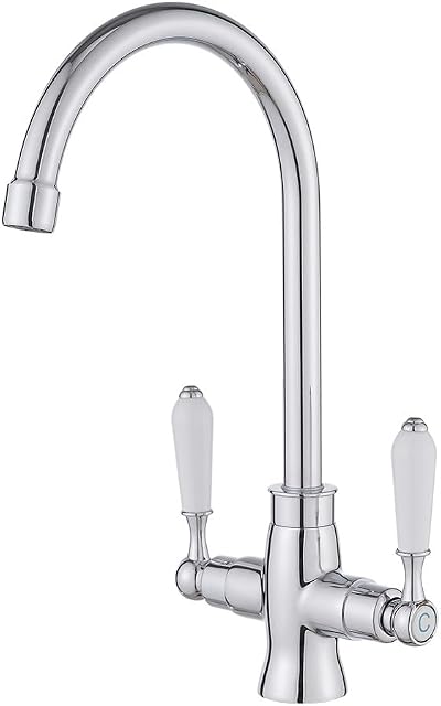 Heable Kitchen Sink Tap White Ceramic Dual Lever Monobloc Chrome Swivel UK
