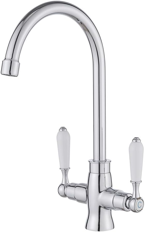 Heable Kitchen Sink Tap White Ceramic Dual Lever Monobloc Chrome Swivel UK