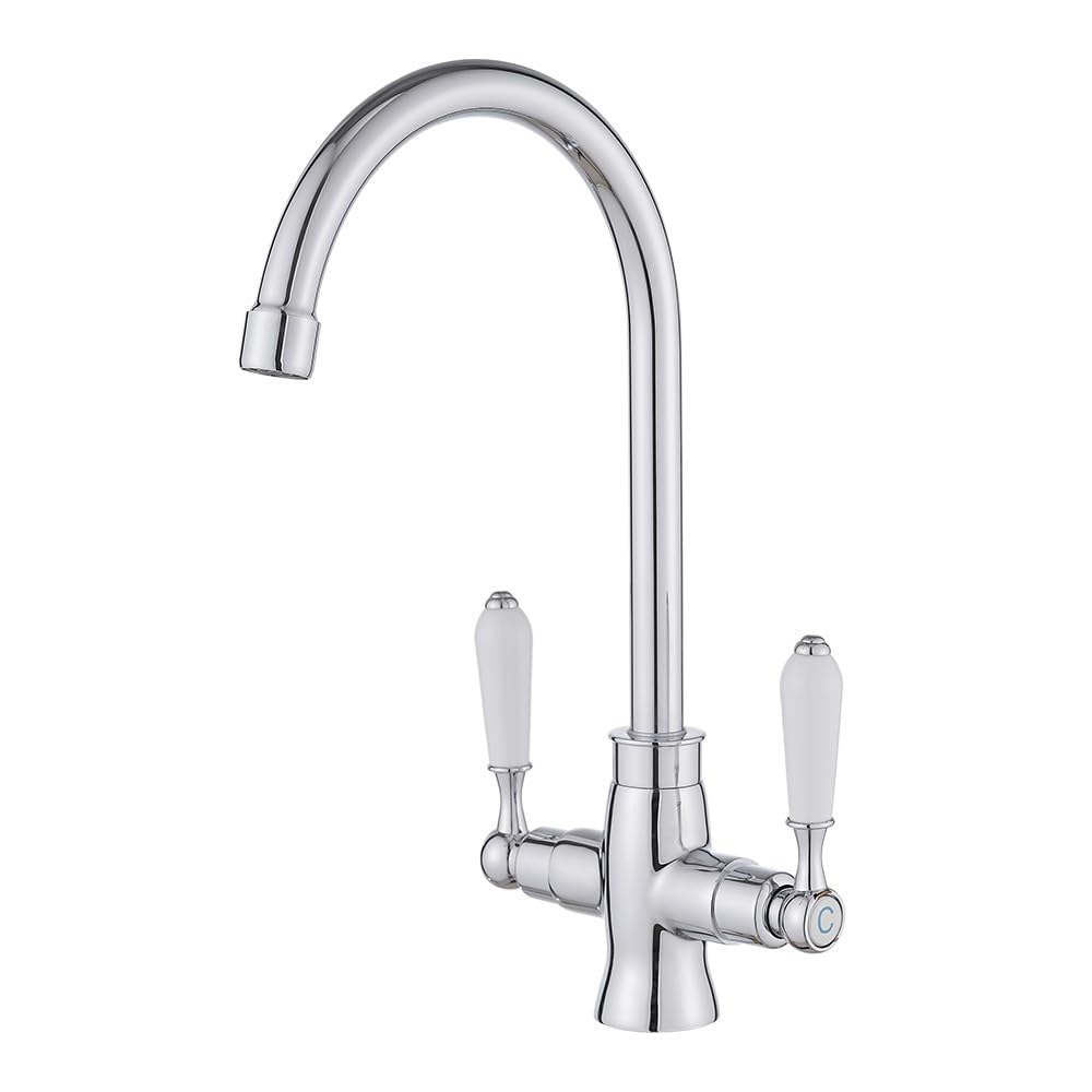 Heable Kitchen Sink Mixer Tap Elegant White Ceramic Dual Lever Monobloc Swivel Spout Chrome Kitchen Taps with UK Standard Fittings