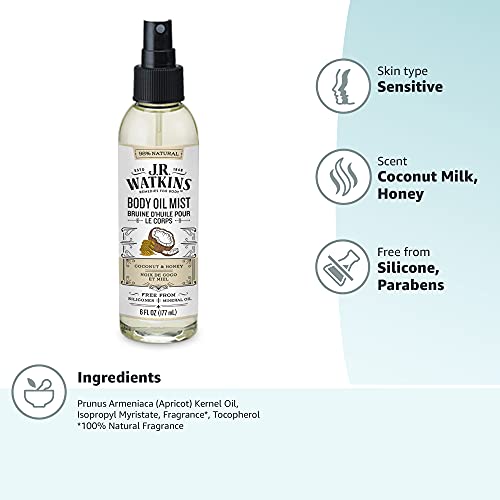 JR WATKINS NATURAL HYDRATING BODY OIL MIST, COCONUT MILK & HONEY, MOISTURIZING BODY OIL SPRAY FOR GLOWING SKIN AND CRUELTY FREE, 6 FL OZ