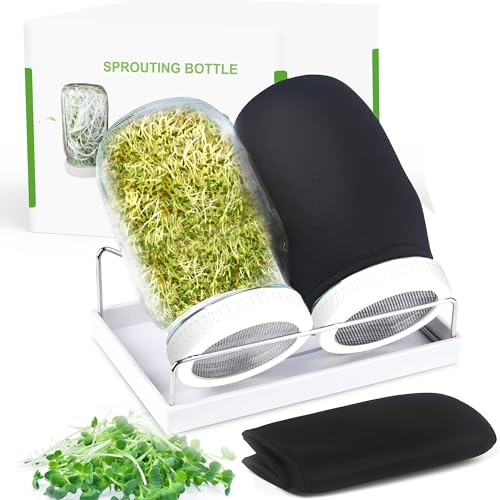 Photo 1 of Seed Sprouting Kit, 2 Large Wide Mouth Mason Jars with Sprout Lids, Blackout Sleeves, Drain Tray, Stainless Steel Stand, Sprouts Growing Kit for Bean, Broccoli, Alfalfa (White)