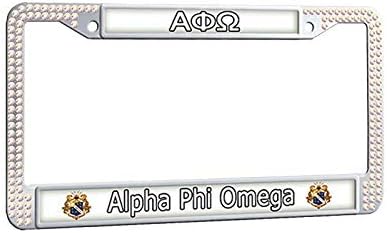 Alpha Phi Omega License Plate Frame Fraternity License Plate Cover, White Rhinestones Auto Car Tag Vanity License Tag Holder