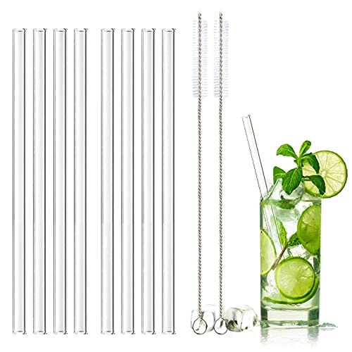 DONQL 8 Pcs Glass Straws Reusable Glass Straw Drinking Straws with 20cm Length Eco Friendly with 2 Cleaning Brushes Transparent Clear Straws Perfect for Milk Coffee Coctail (Straight)