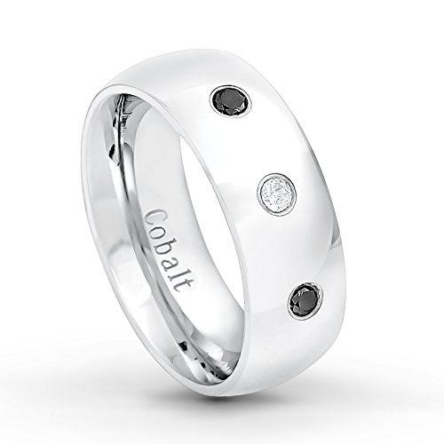 0.21ctw Men's White & Black Diamond 3-Stone Ring, 8mm Polished Finish Classic Dome Cobalt Chrome Anniversary Ring