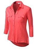 J.TOMSON Womens 3/4 Sleeve High Low Button Down Slub Shirt