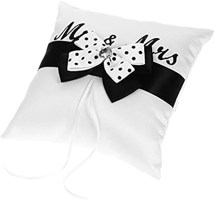 7x7 Inches White Black Bowknot Satin Ring Bearer Pillow And