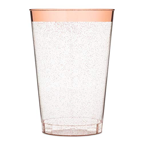 Yuppie Celebrations 12oz Rose Gold Glitter Plastic Party Cups (50 Pack) Elegant Rose Gold Rim Disposable Wine Glasses - Plastic Tumbler Cups for Wedding, Baby Shower, Birthday & Bachelorette Parties