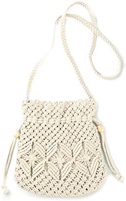 Crochet Cotton Rope Bag Woman Purse Small Drawstring Crossbody Shoulder Bags Wicker Retro Woven for Travel, Beach, White