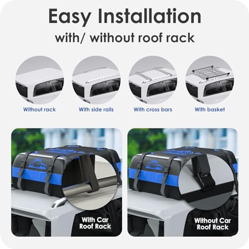 BOYUJK Car Roof Bag - 20 Cubic/566L, Waterproof, No Rack Needed, Anti-Slip Mat & 6 Heavy-Duty Straps, Folding Soft Roof Box (Blue, 566L)