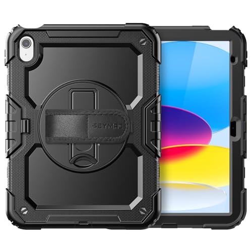 SEYMAC Case for iPad (A16) 11th/10th Generation 2025/2022 11/10.9 Inch, iPad 10th Generation Case, Shockproof Case with Screen Protector, 360 Rotating Stand, Pencil Holder, Shoulder Strap, Black