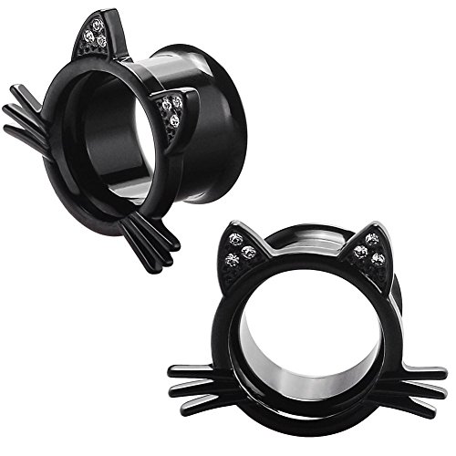 Longbeauty 2Pcs Black Cute Kitten Ear Plugs Tunnels Gauges Stretcher Piercings in 3 Colors Gauge 2g