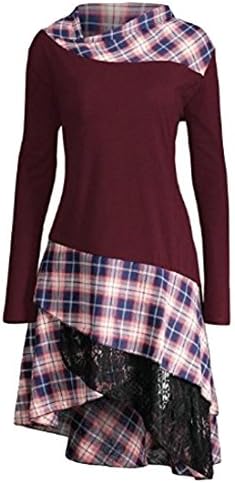 desolateness Women Cozy Turtleneck Plaid Panel Patchwork Dress Long Sleeve Dress 3 M