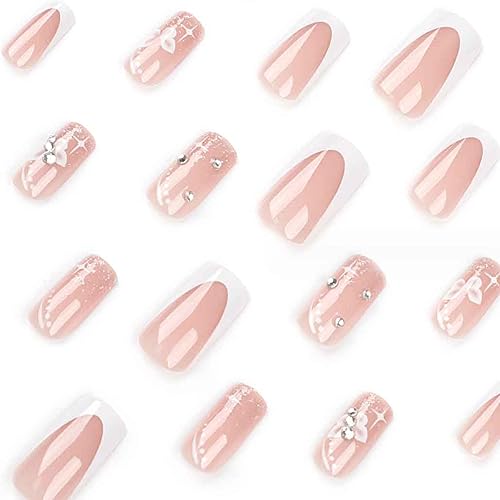 Foccna Long Press On Nails - Nude Square Clear Acrylic False Nails - 24PCS French Full Cover Bling Rhinestone Butterfly Design - Image 3
